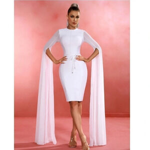 White Tie Waist Cape Sleeve Mid Dress Small